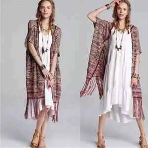 Free People size M Jungle Heat Duster Fringe Hooded Brown Cardigan Sweater
